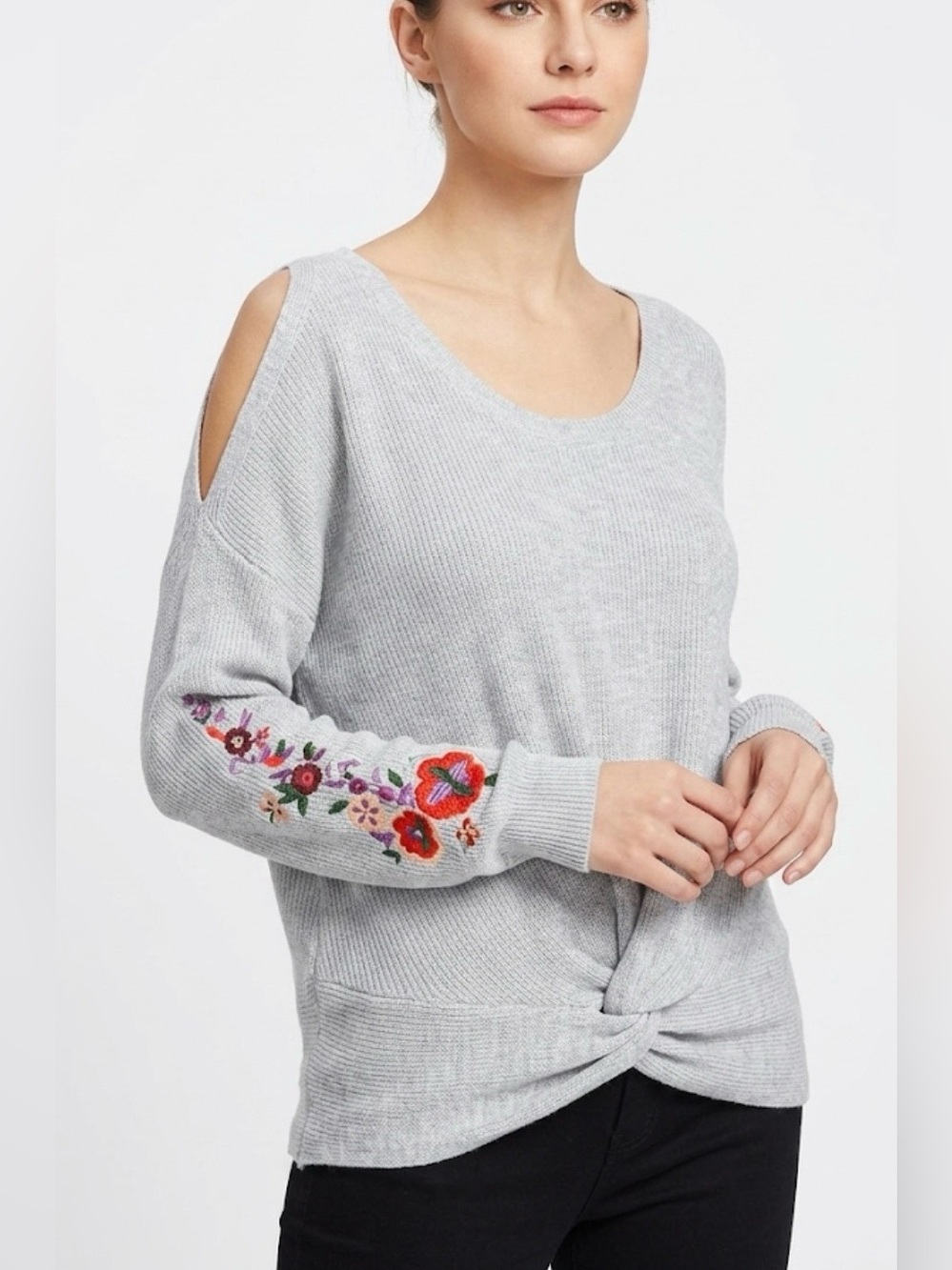 Express Gray Cold Shoulder Sweater Floral Embroidered Twist Front Medium